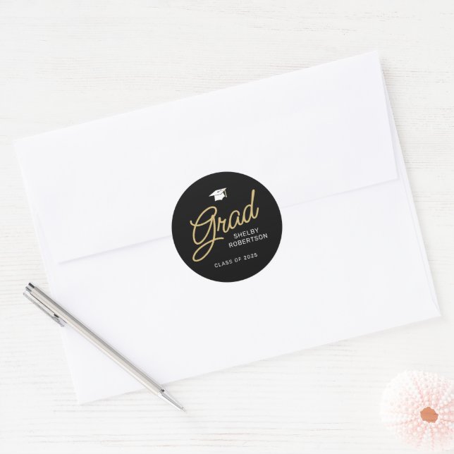 Grad Modern Script Black and Gold Graduation Classic Round Sticker (Envelope)