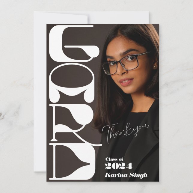 GRAD! Modern Script Graduation Photo Thank You Invitation (Front)