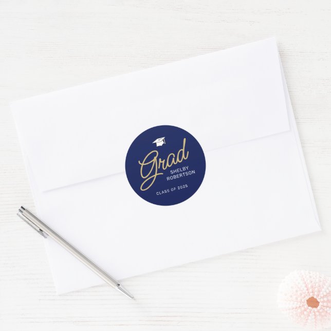 Grad Modern Script Navy Blue Graduation Classic Round Sticker (Envelope)