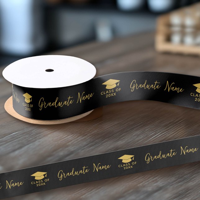 Grad Name Script with Cap - Black Gold Graduation Satin Ribbon (Custom Graduation Ribbon)