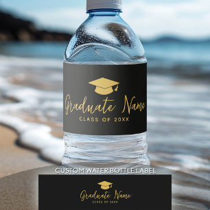 Grad Name Script with Cap - Black Gold Graduation Water Bottle Label