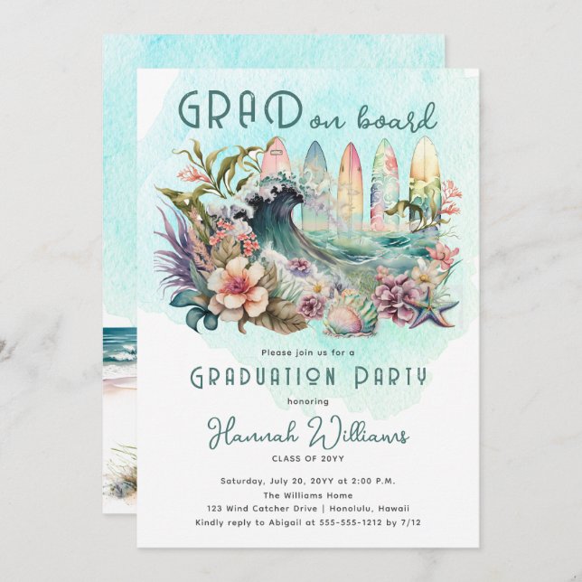 GRAD on Board Tropical Surfing Graduation Party Invitation (Front/Back)