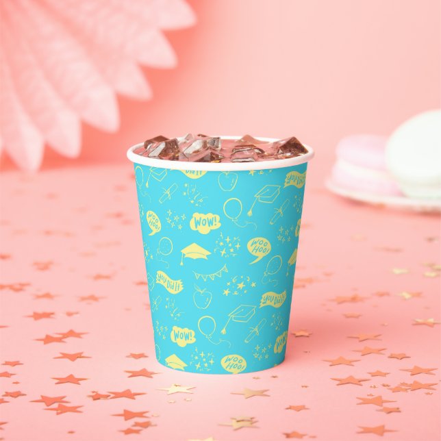 Grad Party Doodle Icon Pattern Blue Lime Paper Cups (Insitu)