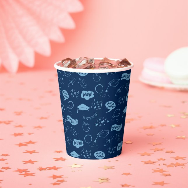 Grad Party Doodle Icon Pattern Navy Blue Paper Cups (Insitu)
