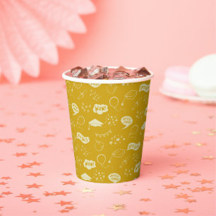 Grad Party Doodle Icon Pattern Yellow Paper Cups