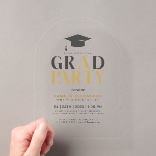 Grad Party Gold Grey Retro Typography Acrylic Invitations
