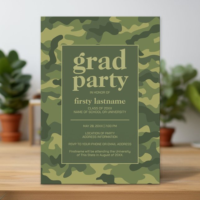 Grad Party - Green Camo Print for Graduation Party Invitation (Custom Graduation Announcement and Invitation)