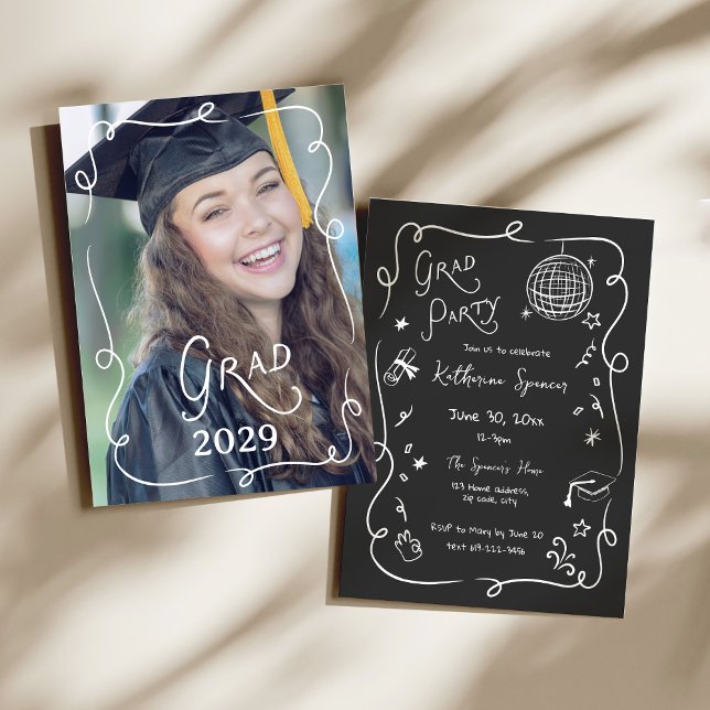 Grad Party Photo Doodle Whimsical Invitation (Grad Party Photo Doodle Whimsical Invitation)