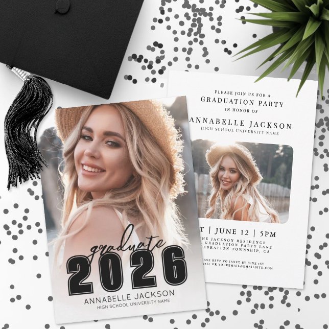 Grad Party Simple Black White Photo Graduation Invitation (Grad Party Simple Black White Photo Graduation Invitation )