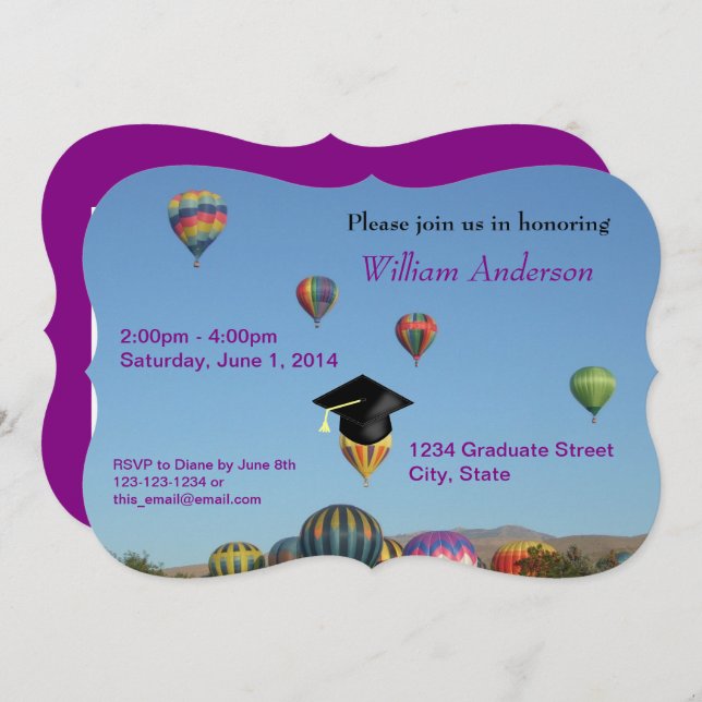 Grad Party Simple Purple Hot Air Balloon Invite (Front/Back)