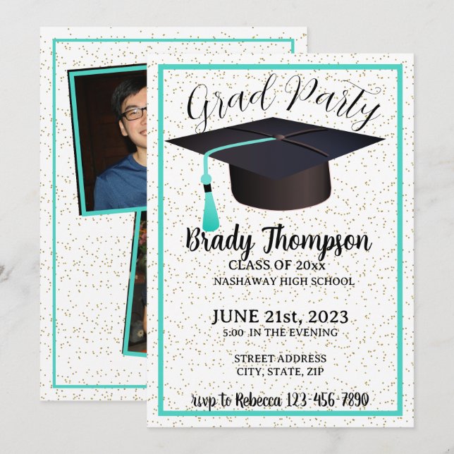 GRAD PARTY-Turquoise Blue Colours - 2 Photo   Invitation (Front/Back)
