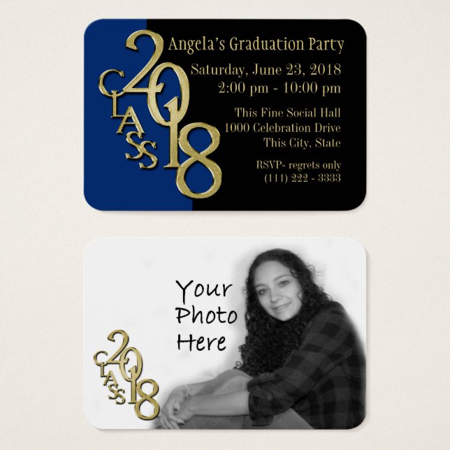Grad Party Wallet Photo Card 2018 Blue and Gold (Front & Back)