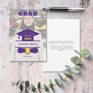 Grad Photo Cap Motif Purple Yellow 2022 Graduation Announcement