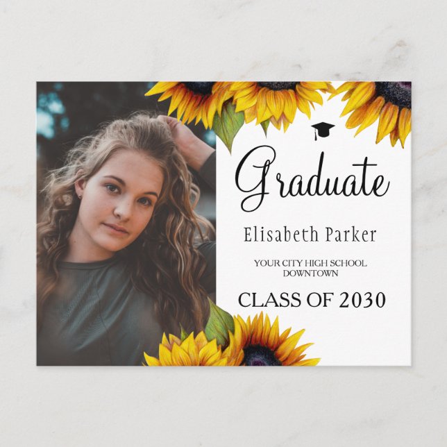 Grad photo chic sunflowers graduation announcement postcard (Front)
