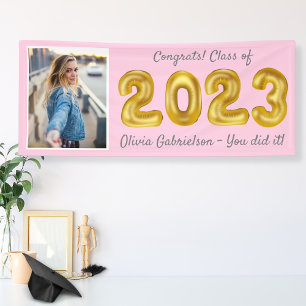Grad Photo Gold Balloons 2022 Pink Graduation Bann Banner