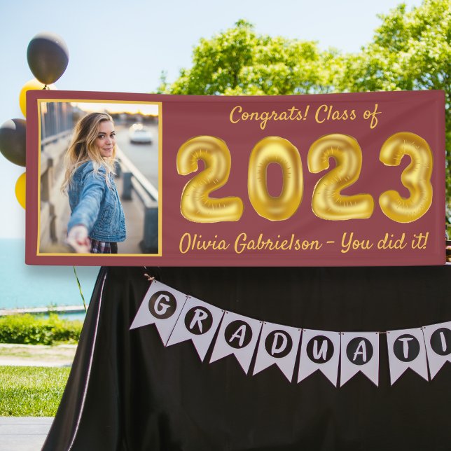 Grad Photo Gold Balloons 2023 Burgundy Graduation  Banner (Creator Uploaded)
