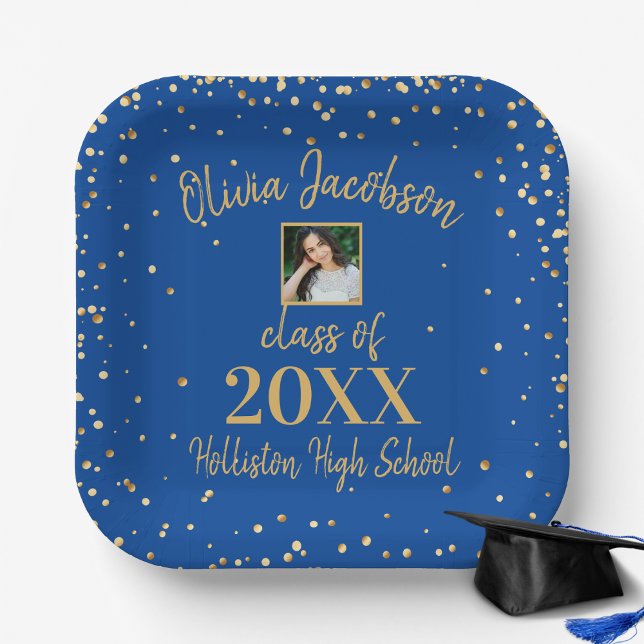 Grad Photo, Gold Confetti, Blue Graduation Party  Paper Plate (Creator Uploaded)