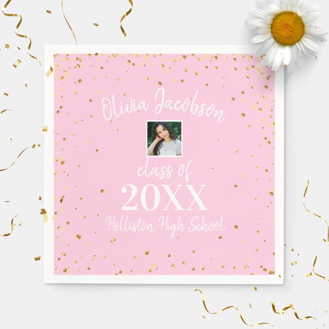 Grad Photo Gold Confetti Graduation Party Pink Nap Napkin (Creator Uploaded)