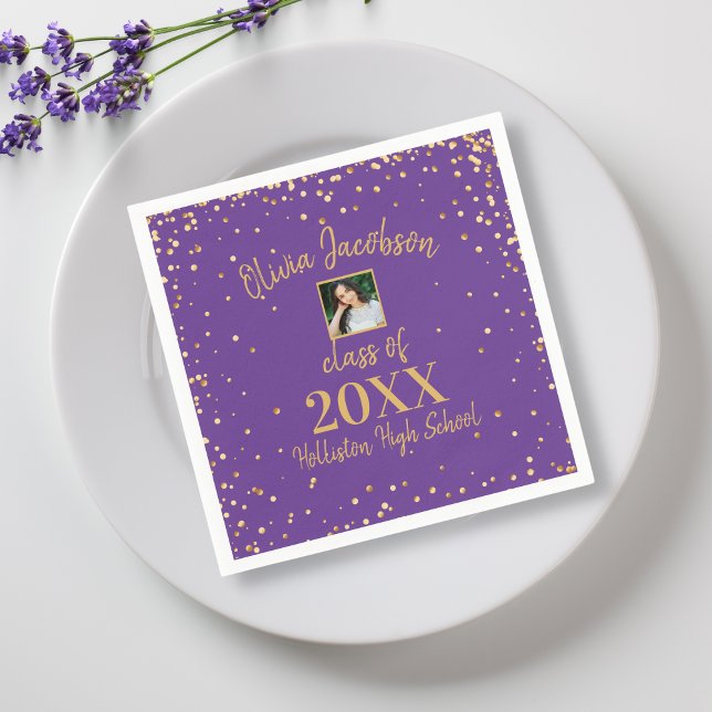 Grad Photo, Gold Confetti, Graduation Party Purple Napkin (Creator Uploaded)