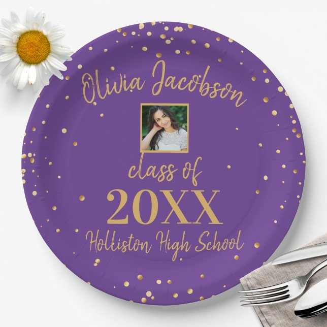 Grad Photo Gold Confetti Graduation Party Purple Paper Plate (Creator Uploaded)
