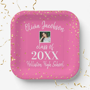 Grad Photo, Gold Confetti, Pink Graduation Party Paper Plate