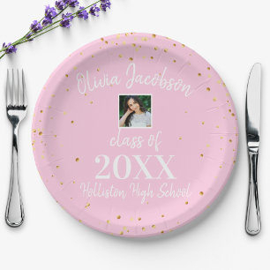 Grad Photo Gold Confetti Pink Graduation Party Paper Plate