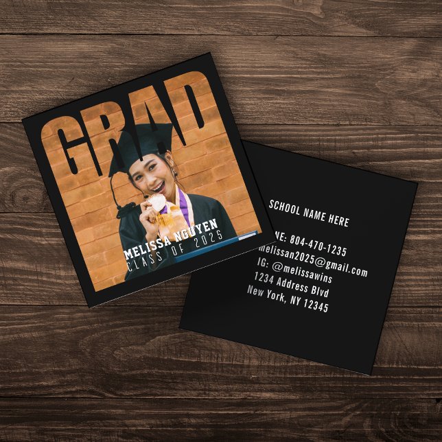Grad Photo Graduation Black Contact Info Name Square Business Card (Grad Photo Graduation Contact Info Name Square Business Card
)
