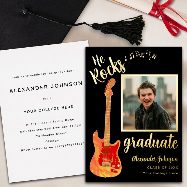 Grad Photo Music Graduation Party Black and Gold (He rocks quote Cool music graduate photo black and gold foil Graduation party invitation.png)