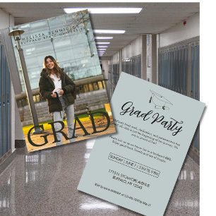 GRAD Photo Party Green Grey Invite