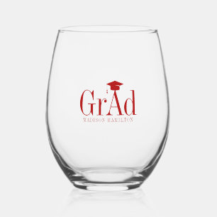 Grad:  Red Typography Name Graduation Hat Stemles Stemless Wine Glass