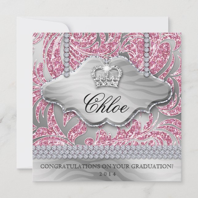 Grad Sweet 16 Party Pink Crown Glitter Leaves (Front)