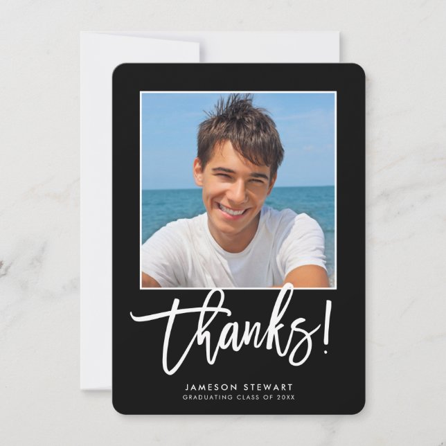 GRAD THANKS minimal modern photo simple black Thank You Card (Front)