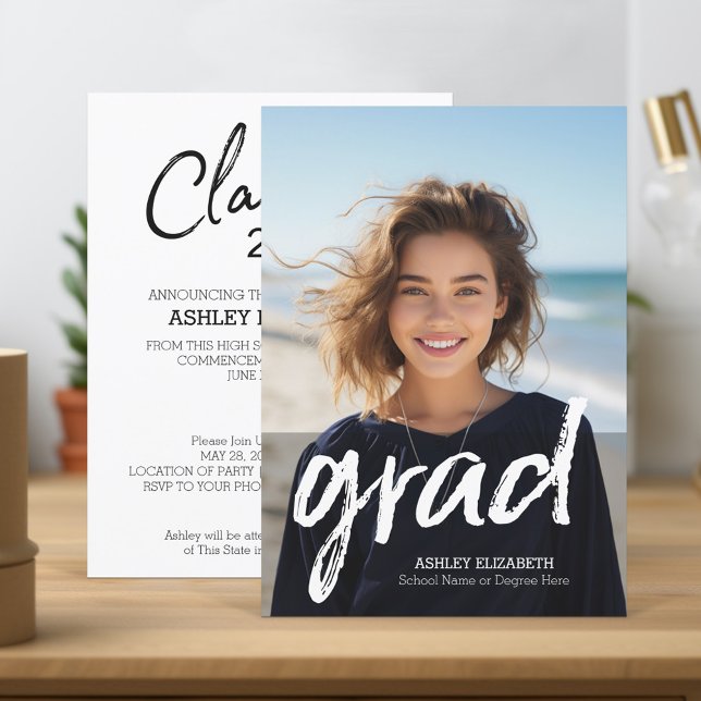 Grad Trendy Graduation Vertical Photo Announcement (Trendy Grad Announcement and Party Invitation)