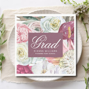 Grad Watercolor Floral Elegant Modern Graduation Napkin
