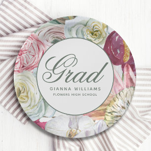 Grad Watercolor Floral Elegant Modern Graduation Paper Plate