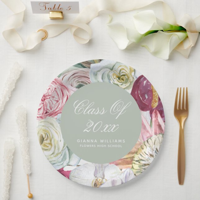 Grad Watercolor Floral Elegant Modern Graduation Paper Plate (Wedding)