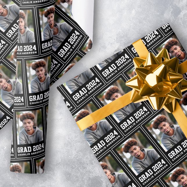 Grad year 2024 graduate photo name black wrapping paper (Grad year 2024 graduate photo name black wrapping paper)