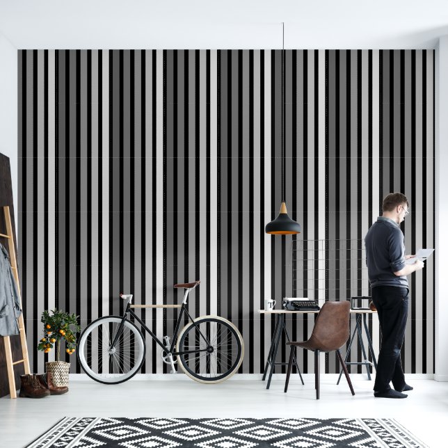 Gradient Black White Vertical Striped Wallpaper (Living Room)