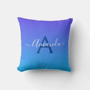 Gradient Blue elegant Monogram and name Cushion