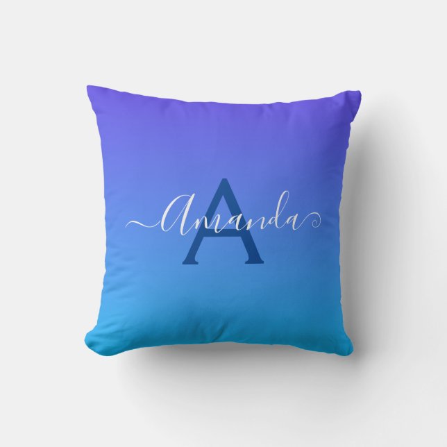 Gradient Blue elegant Monogram and name Cushion (Front)