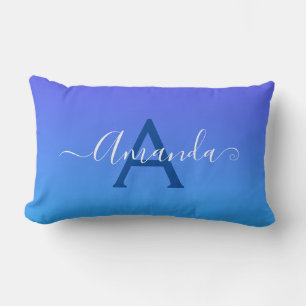 Gradient Blue elegant Monogram and name Lumbar Cushion