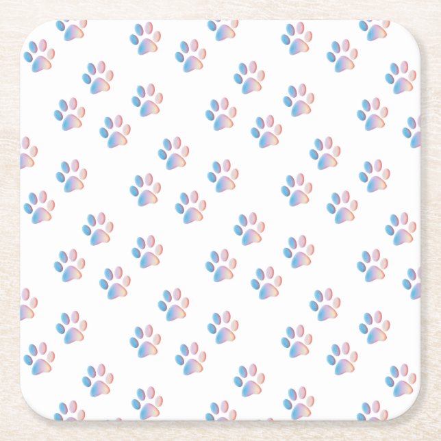 Gradient Blue Pink and Yellow Paw Prints Square Paper Coaster (Front)