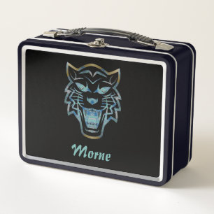 Gradient blue tiger silhouette monogram metal lunch box