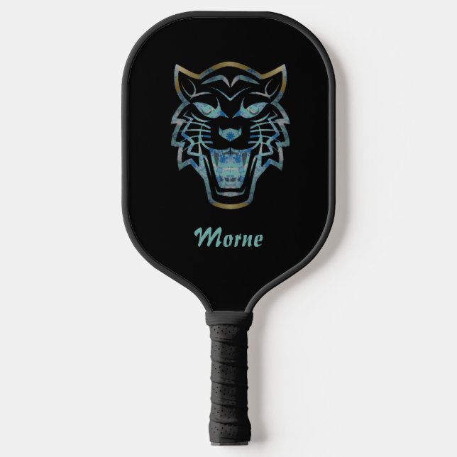 Gradient blue tiger silhouette monogram pickleball paddle (Front)