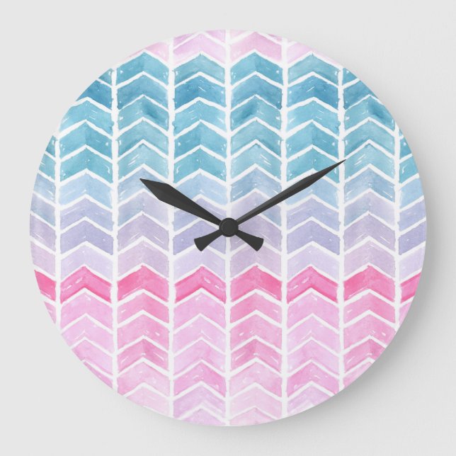 Gradient Chevron: Watercolor Herringbone Pattern. Large Clock (Front)
