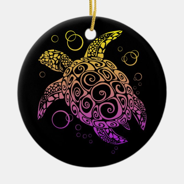 Gradient Colour Sea Turtle Drawing, Sea Turtle Ceramic Tree Decoration (Front)