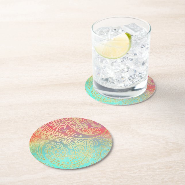 Gradient Colourful and Gold Round Paper Coaster (Insitu)