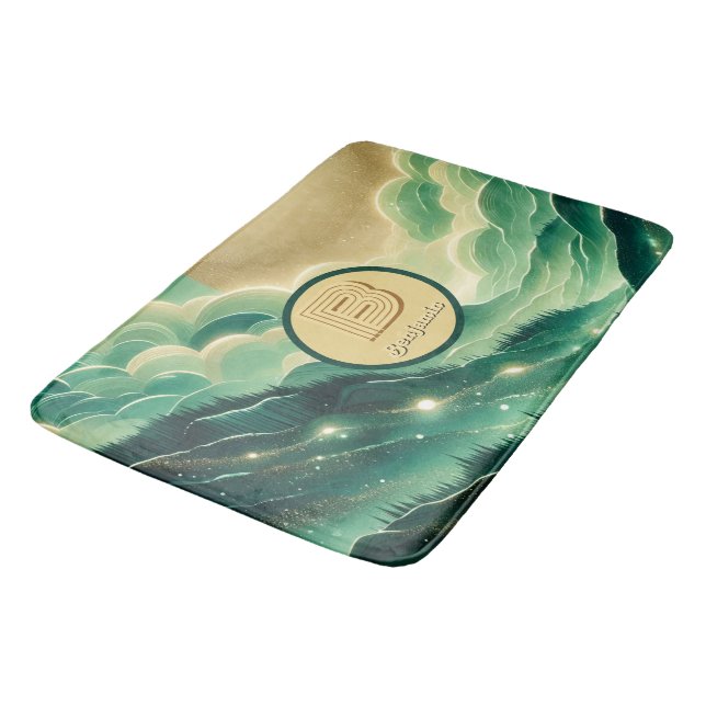 Gradient Emerald Kelly Green Glitter Monogrammed Bath Mat (Angled)