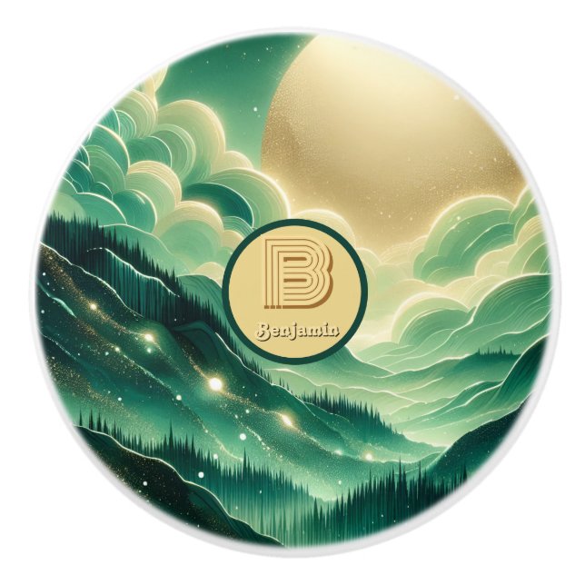 Gradient Emerald Kelly Green Glitter Monogrammed Ceramic Knob (Front)