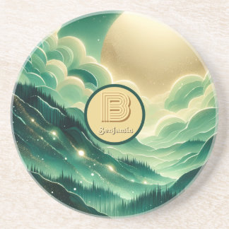 Gradient Emerald Kelly Green Glitter Monogrammed Coaster